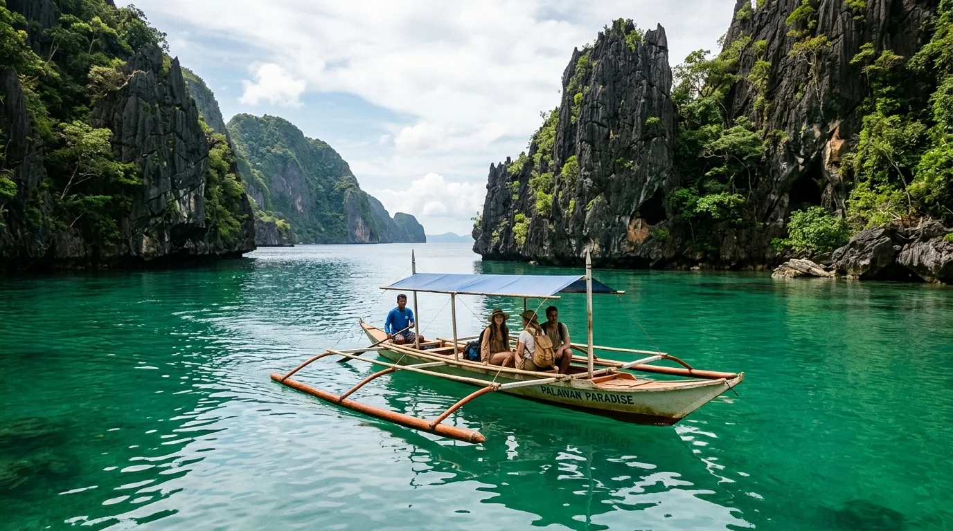 เรือพื้นเมืองล่องผ่านน้ำสีมรกตท่ามกลางภูเขาหินปูนที่เอลนิโด ปาลาวัน