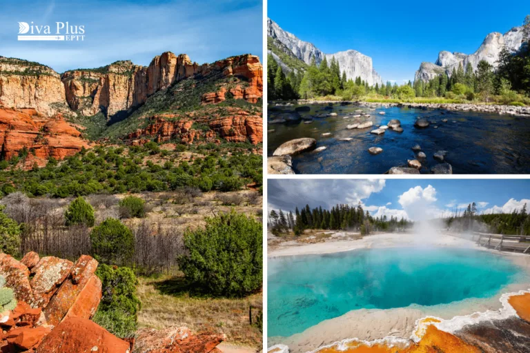 Yosemite National Park : อุทยานแห่งชาติที่มีทั้งหน้าผา น้ำตก และป่าไม้ให้เที่ยวชมความหไลากหลายของธรรมชาติ Yellowstone National Park : ที่นี่มีน้ำพุร้อน Geyser และสัตว์ป่าหลายชนิด Grand Canyon : หุบเขาลึก ซึ่งเกิดจากการกัดเซาะของแม่น้ำโคโลราโด มีจุดชมวิว หลายจุด ส่วนใหญนักท่องเที่ยวจะนิยมไป เดินป่า ล่องแพ ขี่ลา ชมพระอาทิตย์ขึ้น และตกที่นี่