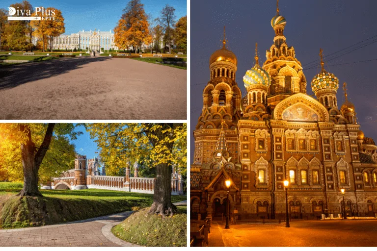 พระราชวังแคทเธอรีน (Catherine Palace) และโบสถ์แห่งหยดเลือด (Church of the Savior on Spilled Blood) ในฤดูใบไม้ร่วงในรัสเซีย