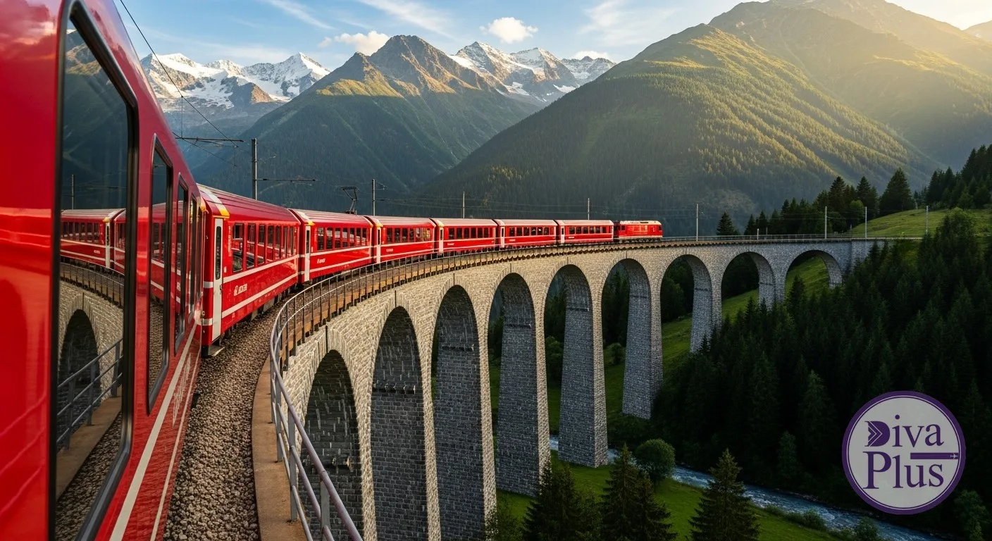 รถไฟ Glacier Express วิ่งข้ามสะพานหินในหุบเขาแอลป์สวิตเซอร์แลนด์