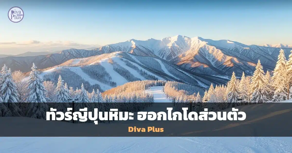 ทิวทัศน์ฮอกไกโดหน้าหนาว ลานสกีท่ามกลางหิมะขาวโพลน ภูเขาหิมะปกคลุม