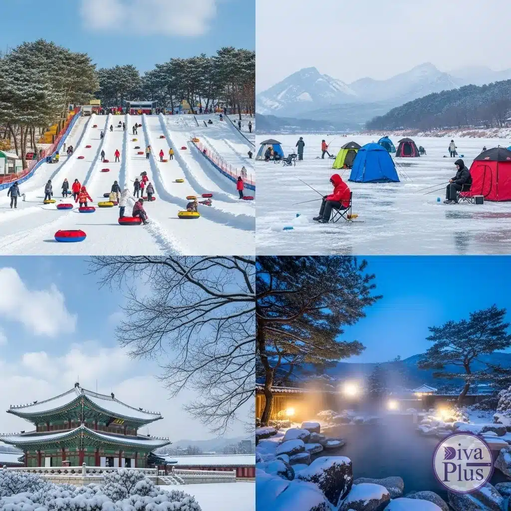 กิจกรรมหิมะเกาหลี เล่นเลื่อนหิมะ ตกปลาน้ำแข็ง เมืองหิมะ สปา